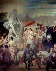 Pierre Puget (1620-1694) presenterar sin staty Milon av Crotone till Ludvig XIV (1638-1715) i trädgårdarna på slottet i Versailles. Målning av Eugene Deveria (1808-1865)