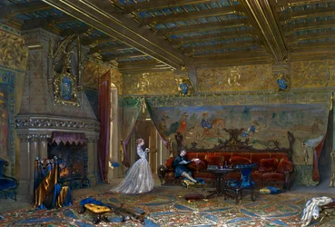 Design av en hall i gotisk stil för Chateau de Pierrefonds, med kejsaren och kejsarinnan