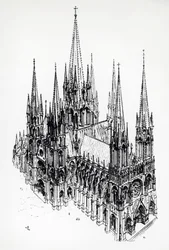 Isometrisk vy av en idealisk katedral, teckning av Eugène Emmanuel Viollet-le-Duc (1814-1879) ur Ordbok över fransk arkitektur från 1000- till 1500-talet