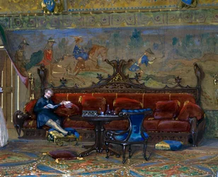 Design av en hall i gotisk stil för Chateau de Pierrefonds, med kejsaren och kejsarinnan