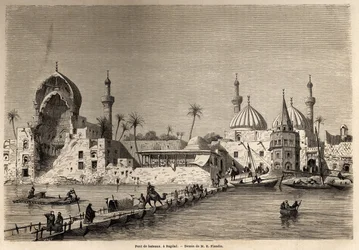 En båtbro, i Bagdad, ritning av Eugene Flandin (1809-1876), för att illustrera hans resa till Mesopotamien 1840-1842. Gravyr i ”” Le tour du monde”” 1861. Selvas samling.