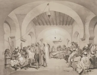 Cafe du Divan, Alger, från en volym till minne av den franska expeditionsstyrkan som erövrade Alger 1830, graverad av Adolphe Jean-Baptiste Bayot (1810-66)