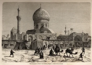 Marche-torget och Ahmet Khiaia-moskén i Bagdad, teckning av Eugene Flandin (1809-1876), för att illustrera hans resa till Mesopotamien 1840-1842. Gravyr i ”” Le tour du monde”” 1861. Selvas samling.