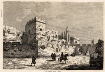 De stora mästarnas palats på Rhodos, teckning av Eugene Flandin, för att illustrera hans resa till ön Rhodos 1844. Gravyr i "" Le tour du monde", redigerad av Edouard Charton