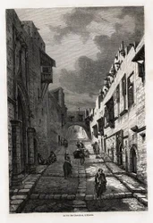 Rue des chevaliers, på Rhodos, teckning av Eugene Flandin, för att illustrera hans resa till ön Rhodos 1844. Gravyr i "" Le tour du monde"", redigerad av Edouard Charton