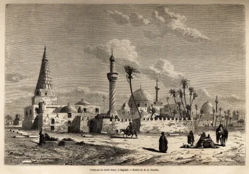 Sheikh Omars grav, i Bagdad, teckning av Eugene Flandin (1809-1876), för att illustrera hans resa till Mesopotamien 1840-1842. Gravyr i ”” Le tour du monde”” 1861. Selvas samling.