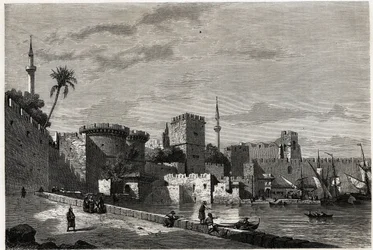 Utsikten över Rhodos hamn och Aubussons port, ritning av Eugene Flandin, för att illustrera hans resa till Rhodos ön 1844. Gravyr i "" Le tour du monde"", redigerad av Edouard Charton