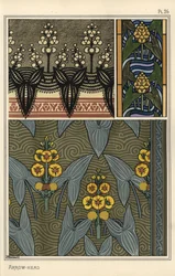 Pilspets, Sagittaria sagittifolia, som designmotiv i broderier, målat glas och tygmönster