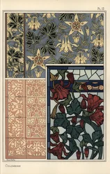 Columbine, Aquilegia vulgaris, blomma i mönster för tapeter, målat glas och kakel