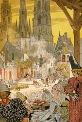 Skildring av mysterium på katedralens kyrkogård, illustration för Notre-Dame de Paris av Victor Hugo (1802-1885)