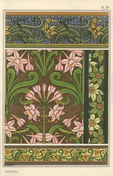 Jonquil, Narcissus jonquilla, som designmotiv i tapeter och tygmönster