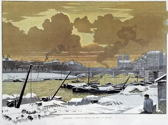Le pont de Sully, i Paris täckt av snö, en kväll i januari 1886 - av Grasset