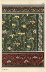 Snödroppe, Galanthus nivalis, som designmotiv i tapeter, bårder och tyger