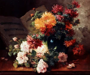 Krysantemum och rosor. Målning av Eugene Henri Cauchois (1850-1911) Privat samling.