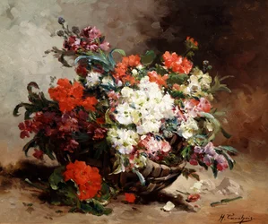 Sommarblommor i en korg. Målning av Eugene Henri Cauchois (1850-1911, Frankrike) Privat samling