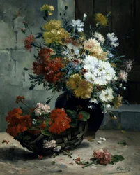 Stilleben med sommarblommor (pelargoner och prästkragar). Målning av Eugene Henri Cauchois (1850-1911) Privat samling.