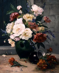 Stilleben med pioner och kryddnejlika. Målning av Eugene Henri Cauchois (1850-1911) Privat samling.