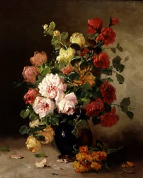 Stilleben med rosor och kryddnejlika. Målning av Eugene Henri Cauchois (1850-1911) Privat samling.