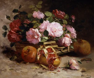 Stilleben med rosor och granatäpplen. Målning av Eugene Henri Cauchois (1850-1911) Privat samling.