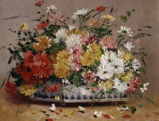 Kruka med sommarblommor (prästkragar). Målning av Eugene Henri Cauchois (1850-1911) Privat samling.