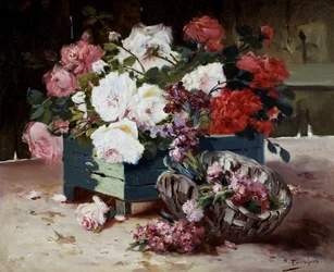 Röda och rosa rosor. Målning av Eugene Henri Cauchois (1850-1911) Privat samling.