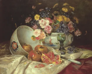 Stilleben av blommor i en kinesisk vas med granatäpplen