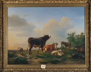En tjur, en ko, en åsna, en get, får och fjäderfä i ett vidsträckt landskap, 1849