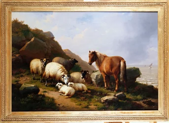 En ponny och får på en klippa med ett segelfartyg bortom, 1868