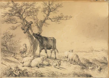Landskap med djur och pojke i träd, 1866.