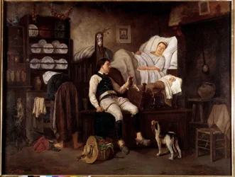 Interiör Bas-Breton eller Le Nouveau Ne Breton Family i en interiör. Målning av Eugene Leroux (1807-1863) Rennes från 1800-talet, Museum of Fine Arts