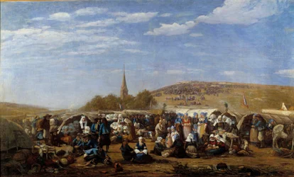 En förlåtelse till Saint Anne la Palud 1858 religiöst firande i Bretagne. Målning av Eugene Louis Boudin (1824-1898) 1858 Le Havre, Musee des Beaux Arts.