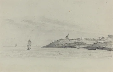 Kustlandskap med sjöfart, väderkvarn på avstånd, ca. 1858.