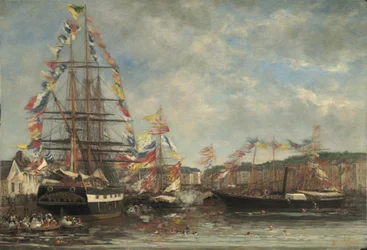 Fest i Honfleur hamn, 1858 (olja på trä)