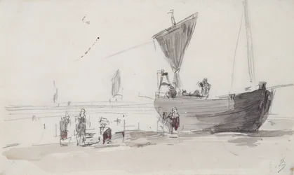 Fiskebåt på stranden (penna och wc på papper)