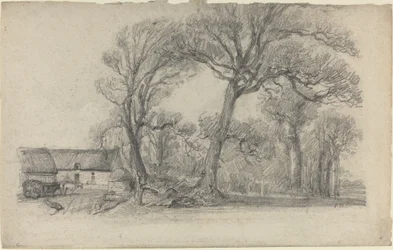 Landskap med träd, stuga och gårdsvagn, ca. 1858.