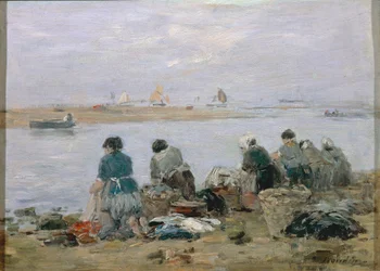 Tvättkvinnor på stranden av floden Touques nära Trouville, av Eugene Boudin, målning