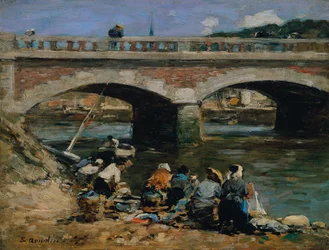 Tvätterskor vid stranden av floden Touques, ca 1883-87 (olja på pannå)