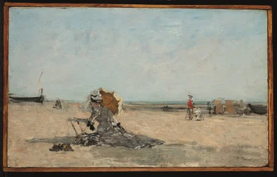 Kvinna med paraply på stranden, ca 1880-85 (olja på pannå)