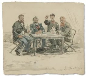 På Saint-Siméon-gården (Jongkind, Émile van Marcke, Claude Monet och "fader Achard"), ca. 1867 (akvarell och penna på papper)