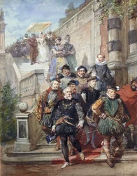 En kunglig procession som går ner för en trappa i en trädgård, 1869