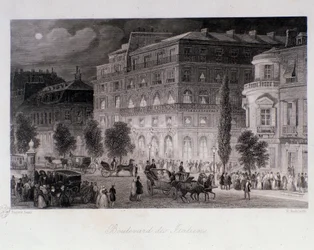 Animation runt teatrar på boulevard des Italians i Paris. Gravyr av Eugene Louis Lami (1800-1890) 1843 Privat samling