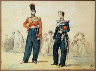 Boldräkt: två män i militäruniform. Teckning av Eugene Louis Lami (1800-1890) 1800-talets Paris, Louvren