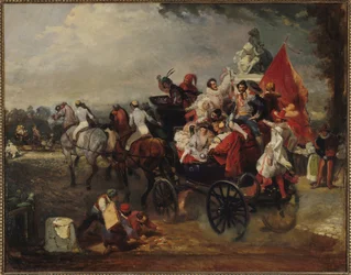 Vagn med män och kvinnor i kostym på Champs-Elysees, 1834