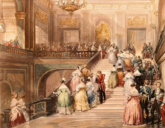 Kung Louis Philippe I (1773 - 1850) och drottning Marie Amélie de Bourbon (1782 - 1866) tog emot gästerna i samband med invigningen av Versailles museum 1837. Illustration av Eugène Lami (1800 - 1890).