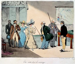 Livet på slottet: ett besök i grannskapet. Litografi av en teckning av Eugene Louis Lami (1800-1890) 1828 Paris, Musee Carnavalet