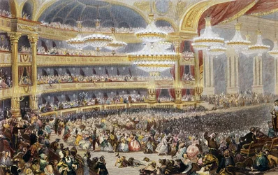 Maskerad bal på Parisoperan på 1800-talet. Gravyr av Eugène Lami (1800 - 1890).