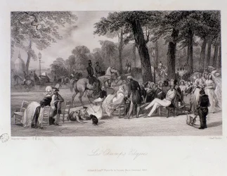 Passagerare och vandrare på Champs Elysees (Champs-Elysees) i Paris. Gravyr av Eugene Louis Lami (1800-1890) 1841 Privat samling