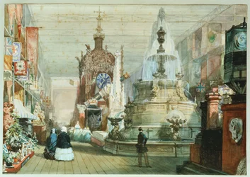 Den brittiska montern på den stora utställningen som hölls i Crystal Palace, med Mintons monter till höger, 1851