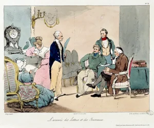 Ankomsten av brev och tidningar. Illustration av boken "La vie de chateau"". Gravyr av Eugene Louis Lami (1800-1890)