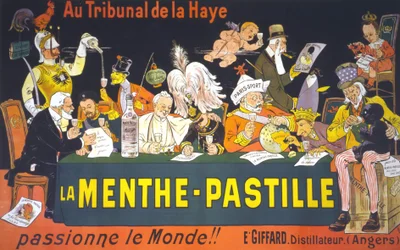 Tecknad affisch på fredskonferensen i Haag 1899: "" I Haagdomstolen, mintpastillan - passionerar världen!" av Eugène Ogé (1861 - 1936)